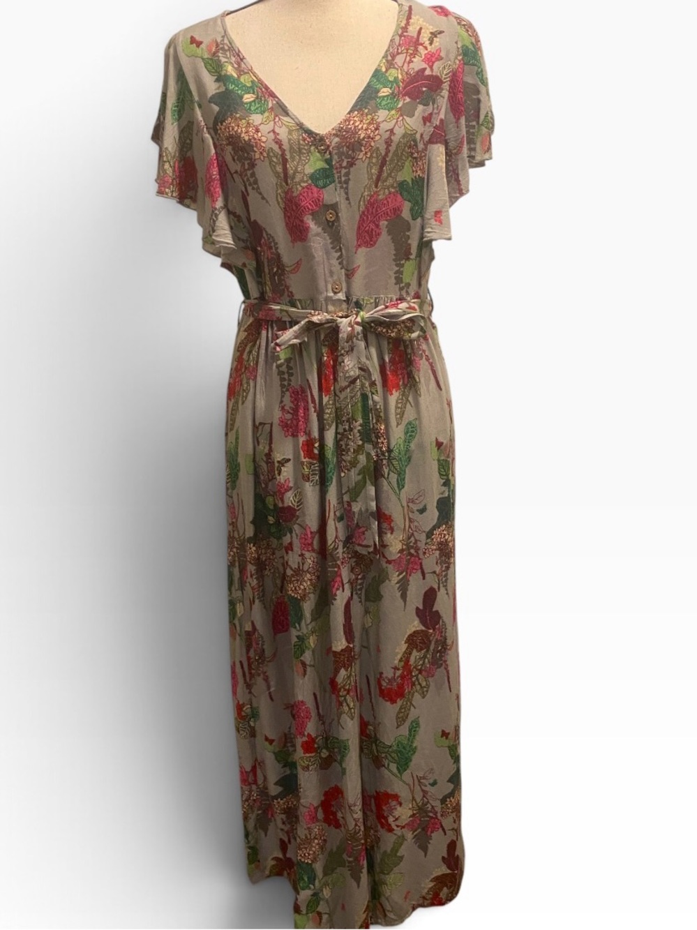 World Market Women’s Floral Maxi Dress Belt Gray Pink Green size medium